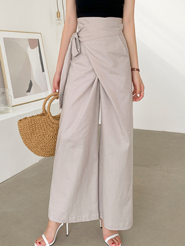 Simple 9 Colors Ramie Cotton Tied High-Waisted Pants