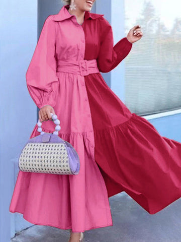 Loose Puff Sleeves Contrast Color Pleated Split-Joint Tied Waist Lapel Midi Dresses