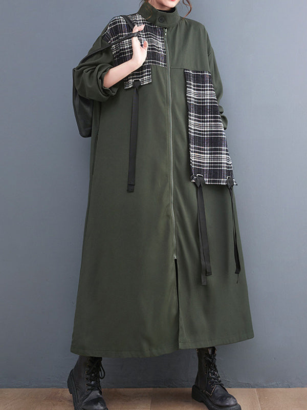 Original Long Sleeves Loose Contrast Color Plaid Split-Joint Zipper Stand Collar Outerwear