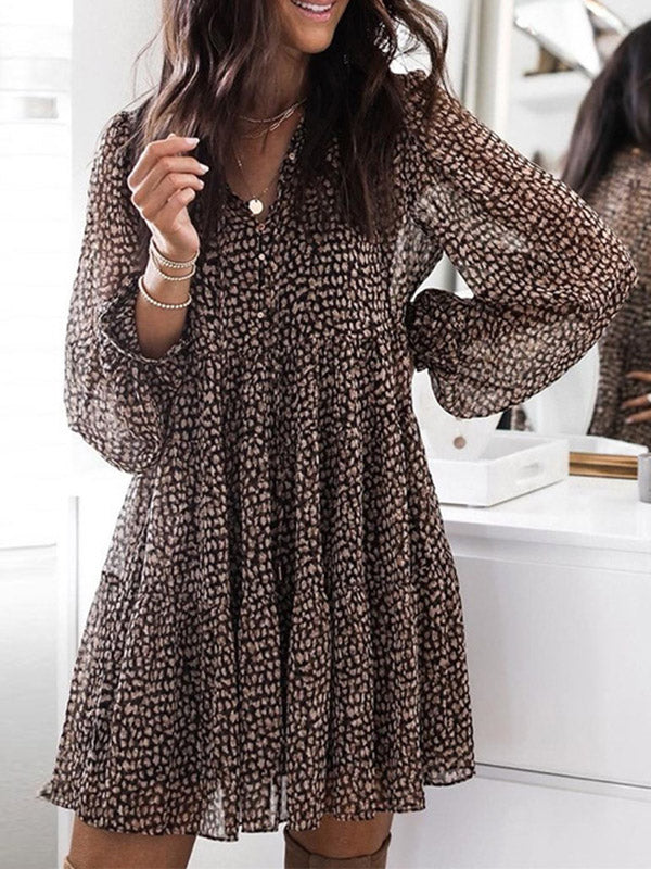 Buttoned Leopard Pleated Long Sleeves Loose V-Neck Mini Dresses