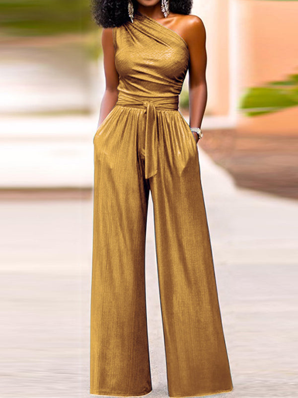 Solid Color High Waisted Sleeveless One-shoulder Jumpsuits