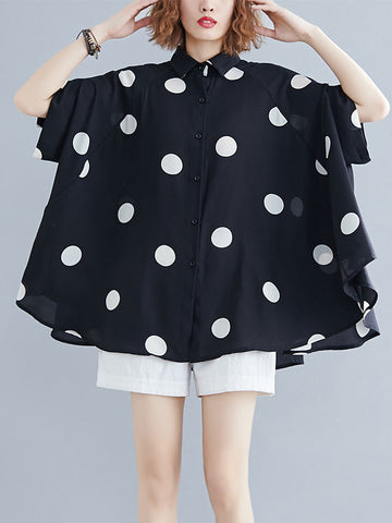 Polka-Dot Batwing Sleeves Loose Lapel Blouses&shirts Tops