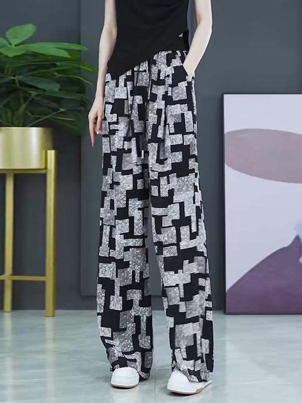 Fashion Loose High-Waisted Plaid Printed Wide Leg Pants