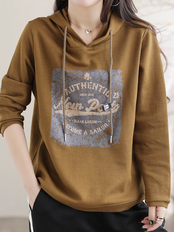 Drawstring Printed Long Sleeves Loose Hoodies Tops