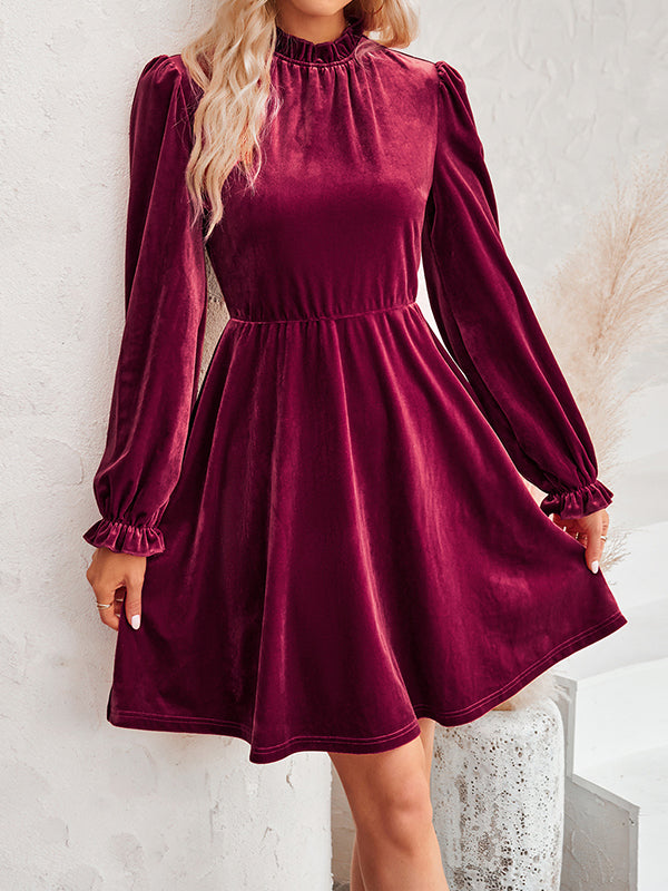 Hollow Ruffled Solid Color Velvet A-Line High Waisted Mock Neck Mini Dresses