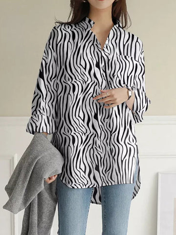 Buttoned Pockets Split-Side Zebra-Stripe High-Low Long Sleeves Lapel Blouses&Shirts Tops