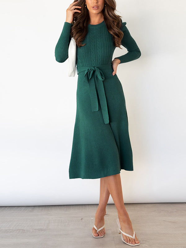 Solid Color Tied Waist High Waisted Long Sleeves Round-Neck Sweater Dresses Midi Dresses