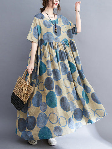 Artistic Retro Loose Polka-Dot Contrast Color Pleated Midi Dress