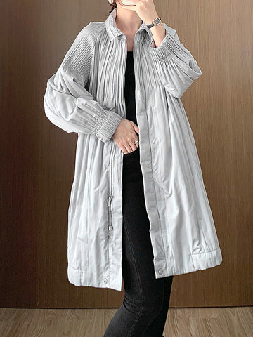 Pleated Quilted Solid Color Zipper Long Sleeves Loose Asymmetric Collar Padded Coat