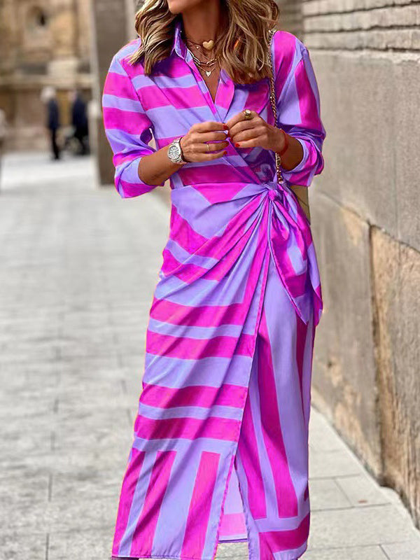 Asymmetric Knot Printed Striped High Waisted Long Sleeves Lapel Maxi Dresses