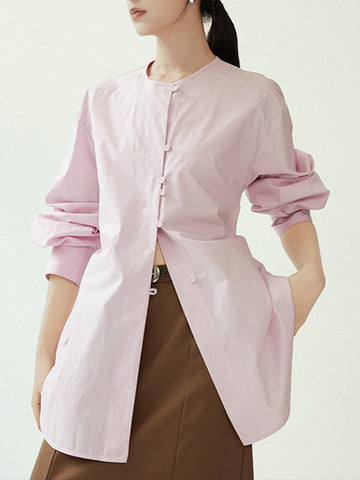 Buttoned Solid Color Tied Long Sleeves Loose Round-Neck Blouses&Shirts Tops