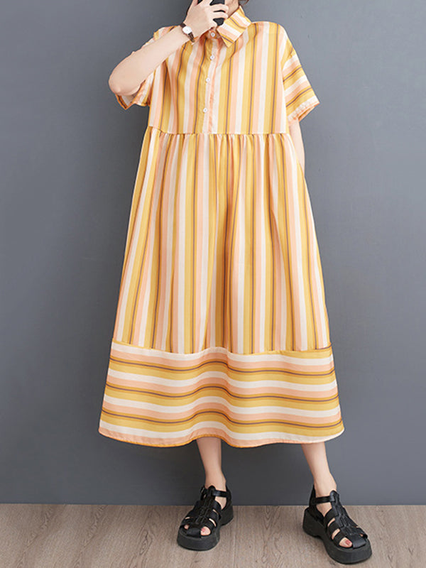 Split-Joint Striped Loose Short Sleeves Lapel Midi Dresses