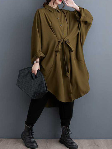 Buttoned Pleated Solid Color Split-Joint Tied Batwing Sleeves Long Sleeves Lapel Outerwear Midi Dresses