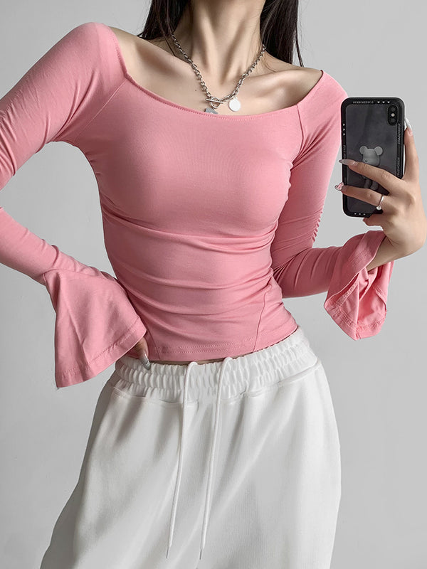 Pleated Solid Color Flared Sleeves Long Sleeves Boat Neck T-Shirts Tops