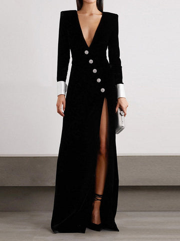 Asymmetric Buttoned Shoulder Pad Split-Front Long Sleeves Skinny Deep V-Neck Maxi Dresses