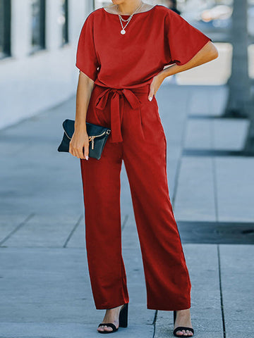 Ribbed Solid Color Loose Short Sleeves Round-neck Jumpsuits