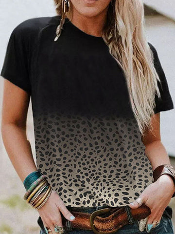 Gradient Leopard Printed Loose Short Sleeves Round-Neck T-Shirts