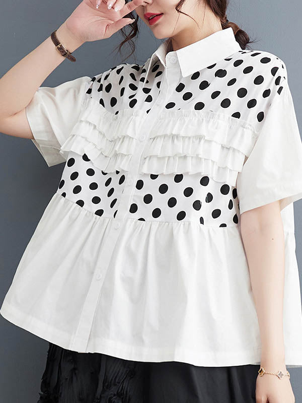 Contrast Color Pleated Polka-Dot Split-Joint Loose Short Sleeves Lapel Blouses