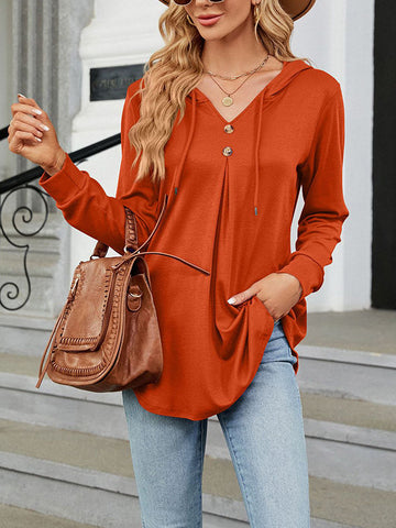 Buttoned Drawstring Hooded Solid Color Long Sleeves Loose V-Neck T-Shirts Tops