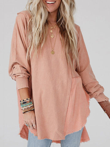 Fringed Split-Joint Split-Side High-Low Long Sleeves Round-Neck Sweatshirt Tops