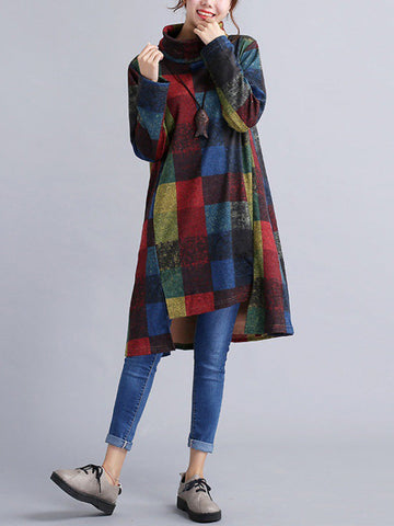 Artistic Retro Loose Long Sleeves Contrast Color Plaid Heaps Collar Midi Dresses