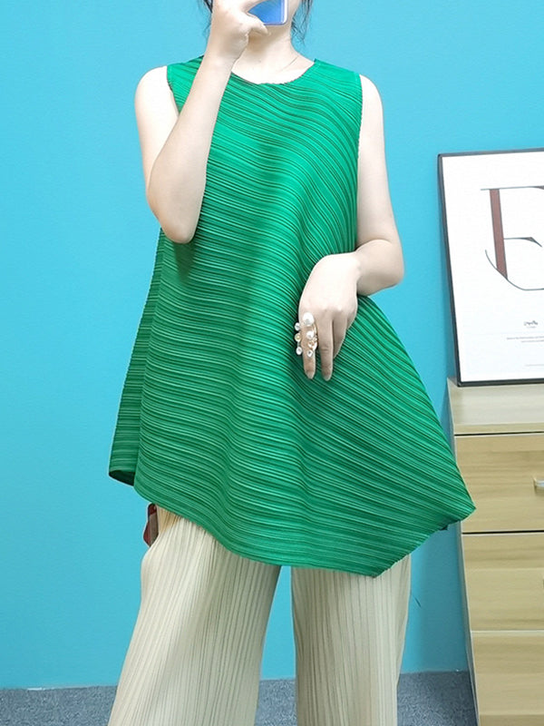 Pleated Solid Color Irregular Clipping Loose Round-Neck Vest Top