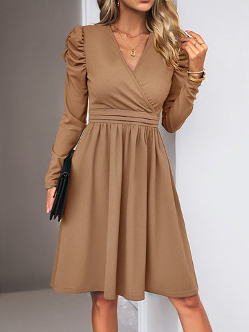 Pleated Solid Color Split-Joint Puff Sleeves Skinny V-Neck Midi Dresses