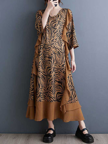 Ruffled Split-Joint Zebra-Stripe A-Line Batwing Sleeves V-Neck Midi Dresses