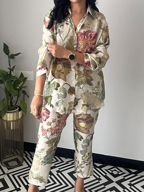 Lapel Long Sleeves Buttoned Flower Print Shirts Top + Ninth Pants Pants Bottom Two Pieces Set