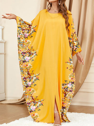 Muslim Printed Split-Front Batwing Sleeves Loose Round-Neck Maxi Dresses