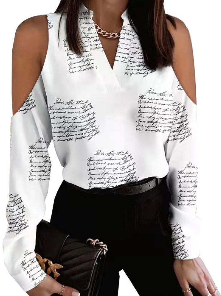 Casual Long Sleeves Loose Letter Print Hollow V-Neck Blouses&Shirts Tops