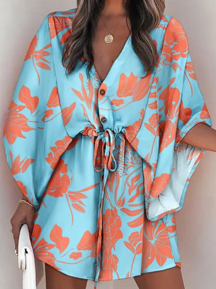 Original Loose Floral Printed Contrast Color Tied Mini Shirt Dress