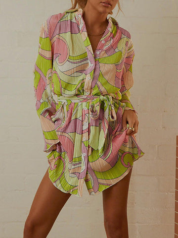 Buttoned Pleated Printed Tied Waist Long Sleeves Loose Lapel Mini Dresses