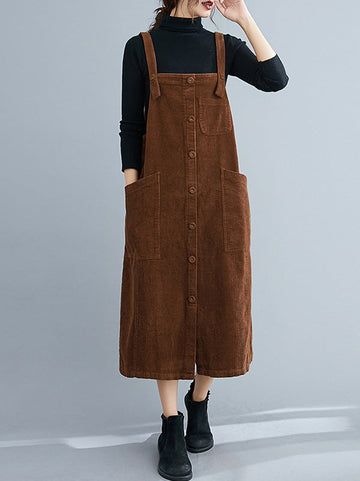 Artistic Retro Simple Corduroy Square-Neck Sleeveless Strap Dress