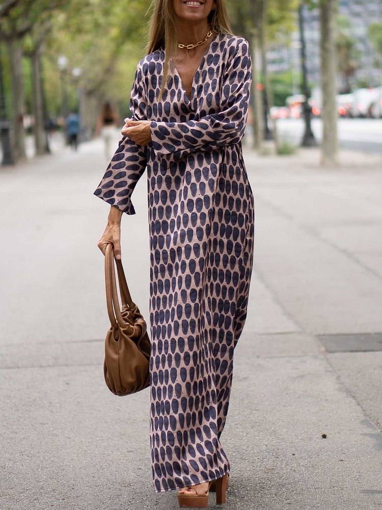 Women Casual Loose Printed Deep V-Neck Maxi Dresses