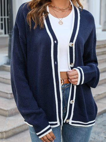 Contrast Color Split-Joint Long Sleeves Loose V-Neck Cardigan Tops