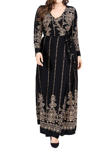 Floral Printed Split-Joint Long Sleeves Plus Size V-Neck Maxi Dresses