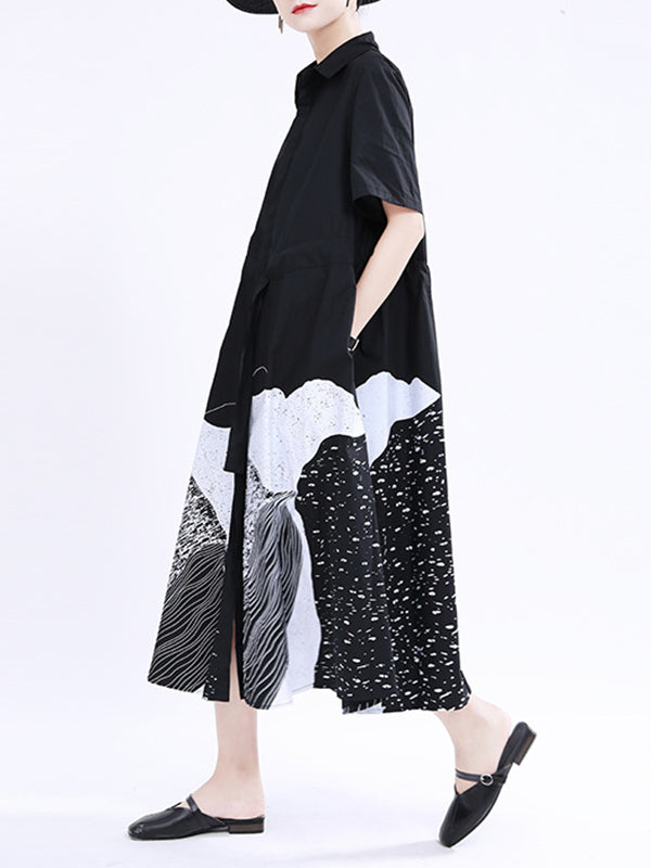 Contrast Color Drawstring Printed Tied Waist Loose Short Sleeves Lapel Shirt Dress Midi Dresses