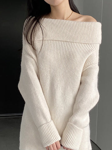 Solid Color Long Sleeves Loose Off-the-shoulder Sweater Pullovers Knitwear