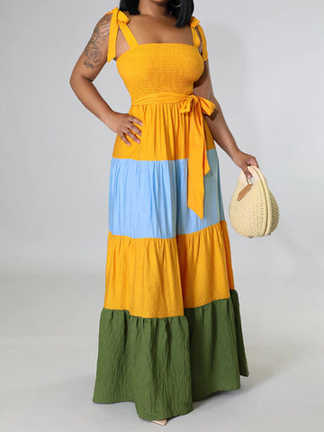 Contrast Color Ribbed Loose Sleeveless Collarless Maxi Dresses