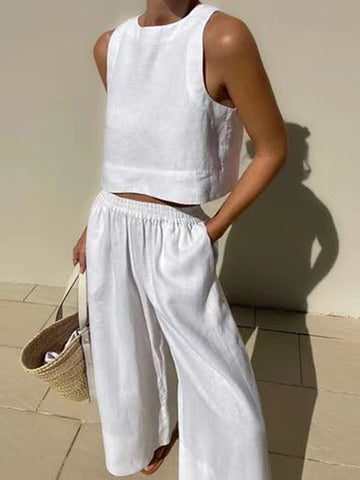 Solid Color Loose Round-Neck Sleeveless Vest + Elasticity Wide Leg Pants Two Pieces Set