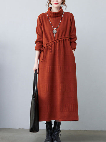 Casual Loose Solid Color Drawstring High-Neck Long Sleeves Sweater Dress