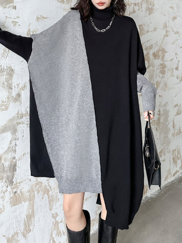 Asymmetric Contrast Color Split-Joint Batwing Sleeves Long Sleeves High Neck Sweater Dresses Midi Dresses