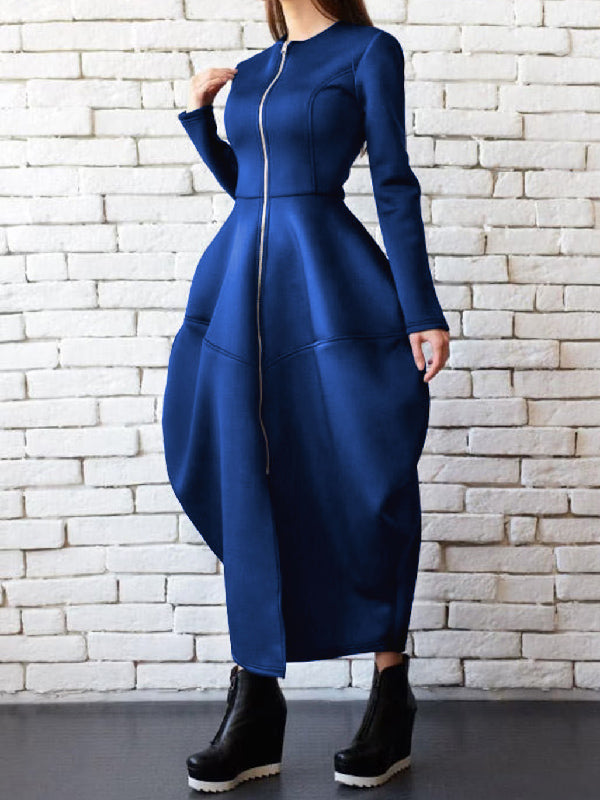 Split-Joint Zipper Round-Neck Maxi Dress Coat Bubble Dress