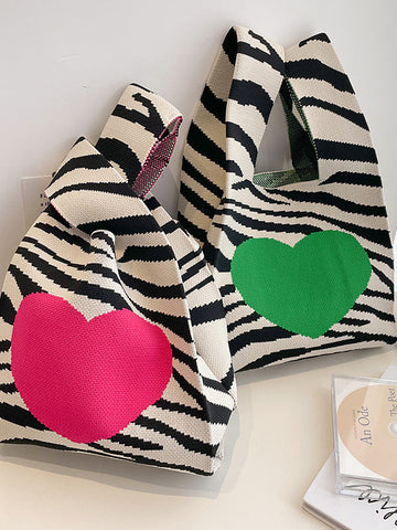 Heart Print Zebra-Stripe Woven Handbag Bags