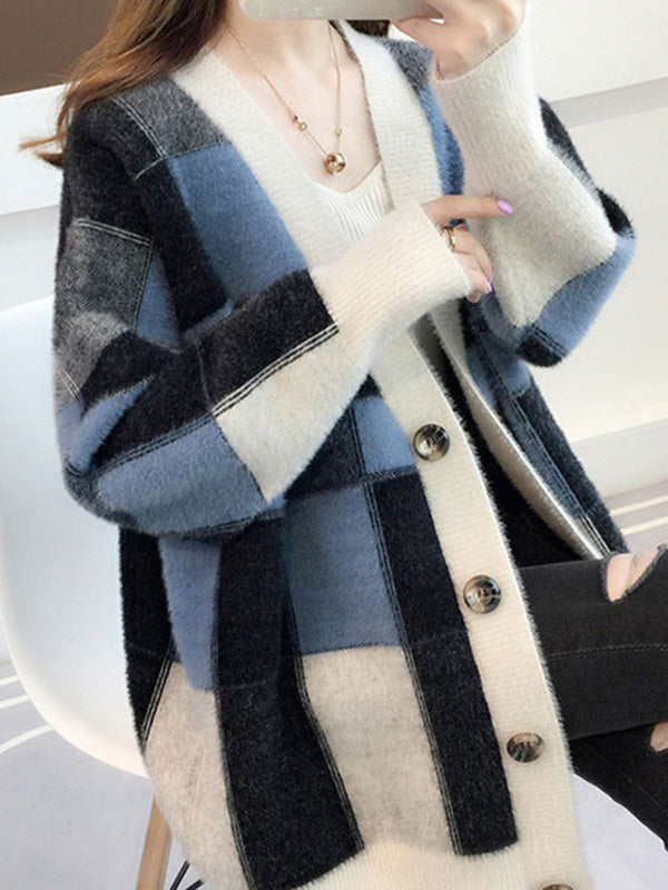 Casual Long Sleeves Loose Buttoned Contrast Color Plaid Deep V-Neck Sweater Tops Cardigan Coats