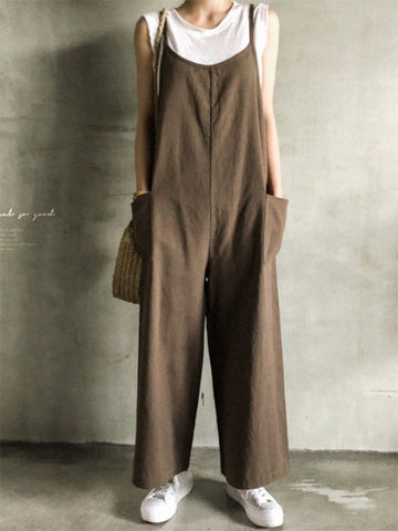 Black&Khaki Casual Spaghetti-Neck Loose Wide-Leg Overalls