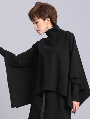 Solid Color Asymmetric High-Neck Loose Batwing Sleeve Sweatshirt