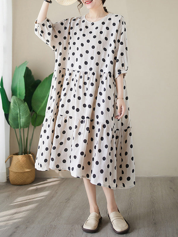 Polka Dot Split-Joint Half Sleeves Loose Midi Dresses