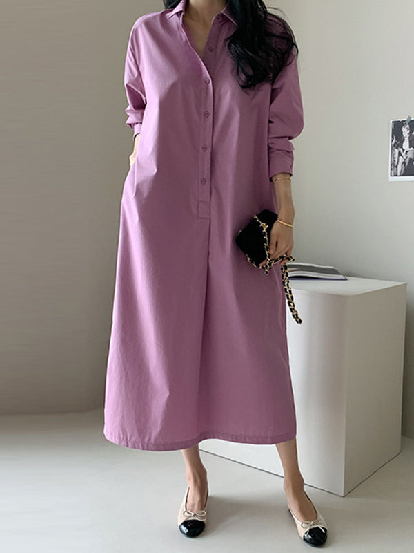 Casual 3 Colors Loose Split-Side Solid Color Midi Dress Shirt Dress